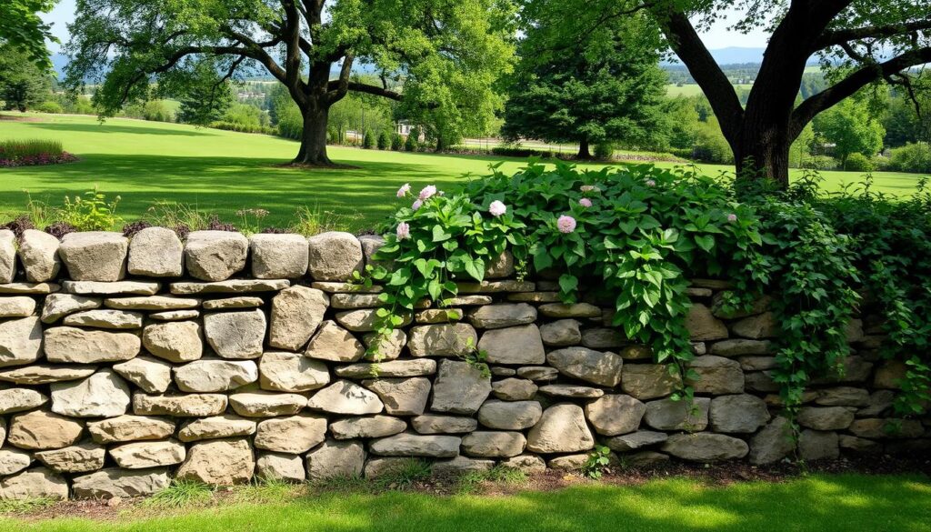 A tranquil garden setting with a meticulously constructed stone wall in the foreground. The wall is built with carefully selected, irregularly shaped stones of varying sizes and hues, creating a textured, natural appearance. Lush greenery, such as flowering plants and trailing vines, cascade over the wall, adding a touch of vibrant color and softness to the scene. The wall is positioned in the middle ground, allowing a glimpse of a serene background featuring a well-manicured lawn, mature trees, and a picturesque landscape. The lighting is natural and diffused, casting gentle shadows that accentuate the depth and dimension of the stonework. The overall composition evokes a sense of tranquility, craftsmanship, and harmonious integration of the built and natural elements within the garden.