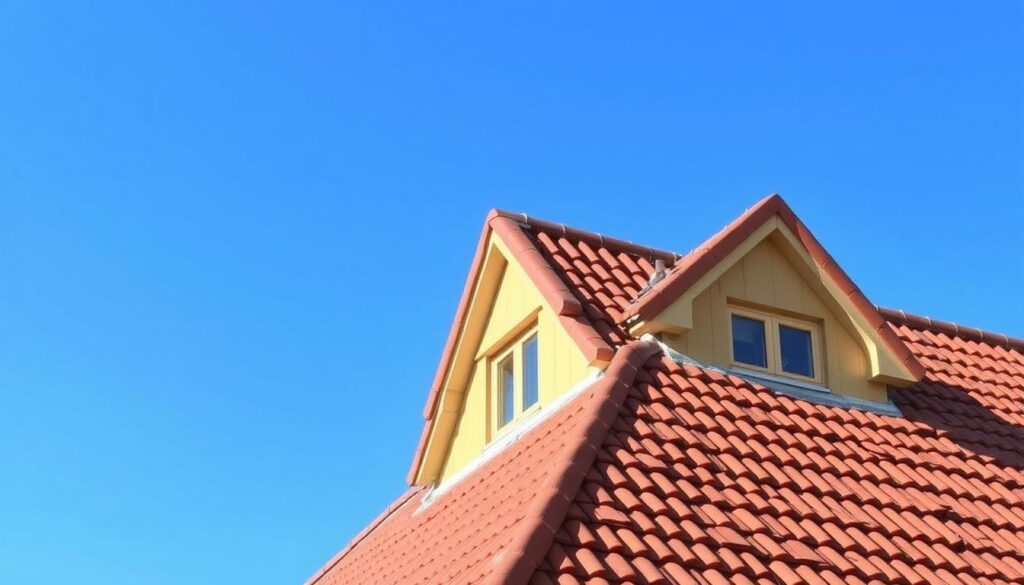 A two-pitched roof in a warm, sunny day, with a clear blue sky in the background. The roof has a gentle slope and is made of traditional red clay tiles, creating a classic and rustic aesthetic. The foreground showcases the intricate details of the roof's structure, including the intersecting ridges, the overlapping tiles, and the subtle textures of the materials. The lighting is soft and natural, casting gentle shadows that accentuate the depth and dimensionality of the roof. The overall composition conveys a sense of stability, durability, and timeless charm, perfectly suited to illustrate the section on calculating the surface area of a two-pitched roof.