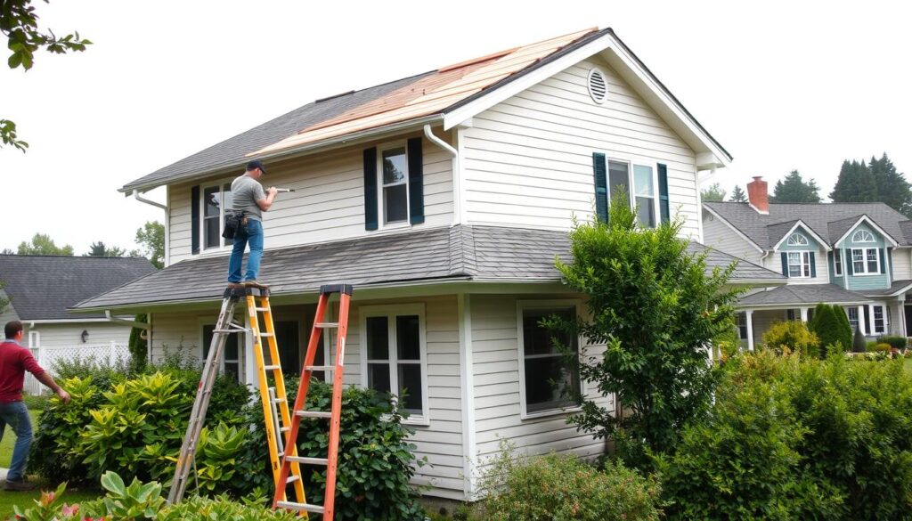 A two-story residential house with a moderately pitched roof, surrounded by a lush garden. In the foreground, a worker stands on a ladder, hand-sawing a section of the roof's edge, without any visible permits or safety equipment. The middle ground shows the house's exterior, with an unfinished, asymmetric roofline as the worker makes unauthorized alterations. The background features a picturesque neighborhood, with other well-maintained homes in the distance, creating a sense of contrast. The lighting is natural, with soft, diffused shadows. The overall scene conveys a sense of tension and potential legal consequences for the homeowner's unpermitted home renovation. A two-story residential house with a moderately pitched roof, surrounded by a lush garden. In the foreground, a worker stands on a ladder, hand-sawing a section of the roof's edge, without any visible permits or safety equipment. The middle ground shows the house's exterior, with an unfinished, asymmetric roofline as the worker makes unauthorized alterations. The background features a picturesque neighborhood, with other well-maintained homes in the distance, creating a sense of contrast. The lighting is natural, with soft, diffused shadows. The overall scene conveys a sense of tension and potential legal consequences for the homeowner's unpermitted home renovation.