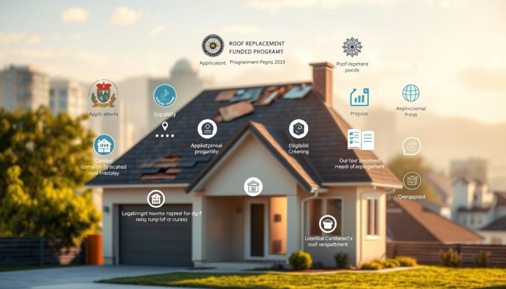 A vibrant and detailed illustration of various government-funded programs for roof replacement. In the foreground, a modern home with a dilapidated roof stands prominently, showcasing the need for renovation. The middle ground features government logos, icons, and infographic-style visuals depicting the application process, eligibility criteria, and financial assistance options. The background is a soft, blurred urban landscape, conveying a sense of community and civic support. The lighting is warm and inviting, with subtle shadows and highlights accentuating the informative nature of the scene. The overall composition is clean, balanced, and designed to effectively communicate the key details of the available roof replacement funding programs.