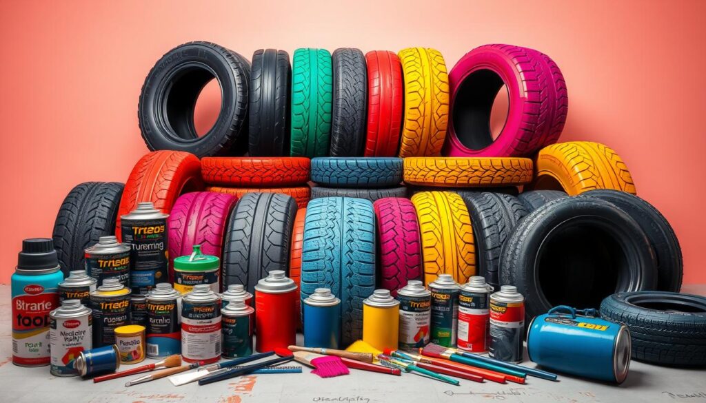 A vibrant and diverse array of tire paints displayed in a visually compelling composition. A range of paint cans, brushes, and other tools for DIY tire painting lay in the foreground, showcasing the variety of products available. The middle ground features a series of freshly painted tires in a spectrum of bold, eye-catching colors, arranged in a dynamic, artfully composed manner. The background is a neutral, studio-like setting, allowing the subject matter to take center stage and command the viewer's attention. Warm, directional lighting creates depth and highlights the textures and finishes of the paints, creating an inviting and inspiring visual that captures the essence of the "Rodzaje farb do malowania opon" section.