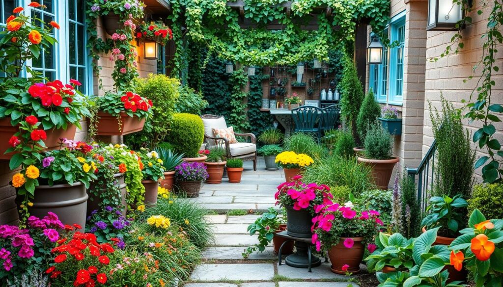 A vibrant and harmonious small garden and patio scene, showcasing a variety of lush, thriving plants tailored for a cozy outdoor living space. In the foreground, a mix of colorful flowering annuals and trailing vines cascade from planters and window boxes, creating a welcoming and visually appealing display. In the middle ground, a selection of potted shrubs, herbs, and perennials flank a charming patio area with natural stone pavers and comfortable seating. The background features a trellis or pergola draped with climbing vines, framing the scene and providing a sense of structure and enclosure. Soft, warm lighting illuminates the space, evoking a relaxing and inviting atmosphere. The overall composition aims to inspire ideas for a small, harmonious garden and patio design.