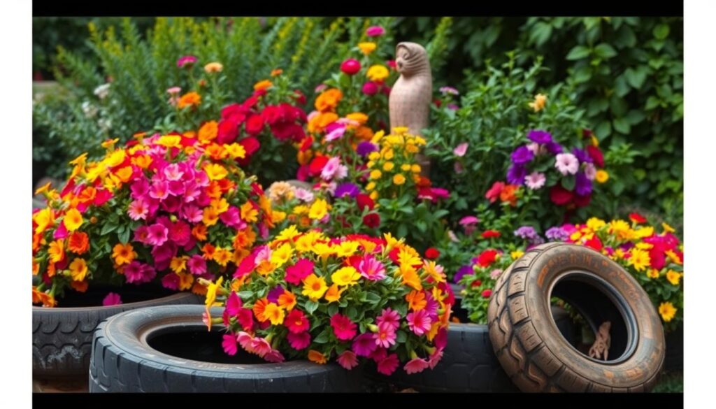 A vibrant and whimsical garden display, showcasing a creative arrangement of tire planters overflowing with lush, colorful flowers. The foreground features a cluster of repurposed tires, their weathered exteriors contrasting with the abundant blooms cascading from within. The middle ground reveals a diverse mix of floral species, their petals and leaves in a spectrum of vibrant hues. In the background, a verdant backdrop of foliage and foliage adds depth and naturalistic ambiance. Warm, diffused lighting creates a soft, inviting atmosphere, highlighting the textural details of the tires and the organic flow of the floral elements. The overall composition conveys a sense of eco-friendly creativity and a celebration of nature's beauty through upcycled materials.
