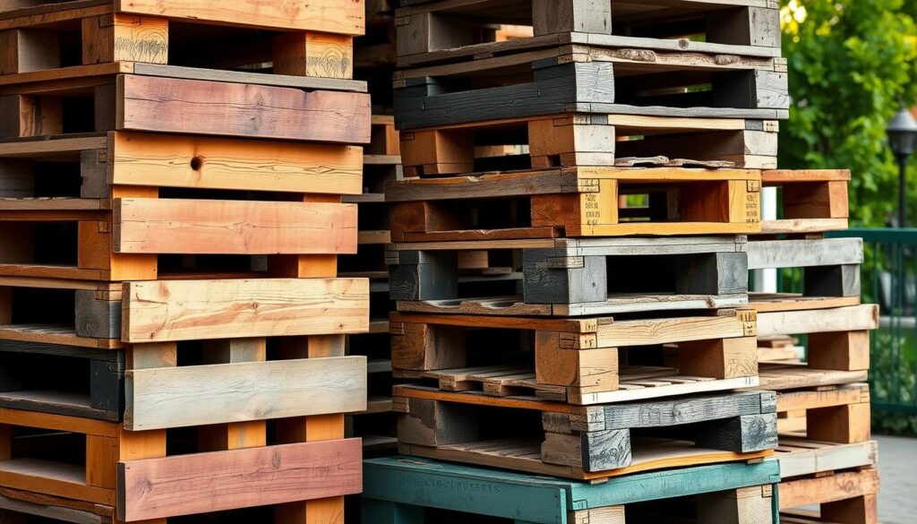 A vibrant assortment of weathered wooden pallets, stacked and arranged in a visually appealing display. The pallets showcase a range of natural tones and textures, from rich browns to weathered grays, each with its own unique character. The lighting is soft and diffused, highlighting the tactile quality of the wood and creating a warm, inviting atmosphere. The pallets are positioned in the foreground, with a blurred, garden-like backdrop suggesting their intended use in outdoor decor or furniture. The overall composition conveys a sense of rustic charm and DIY potential, perfectly capturing the essence of the "Wybór palet i ich przygotowanie do prac ogrodowych" section.