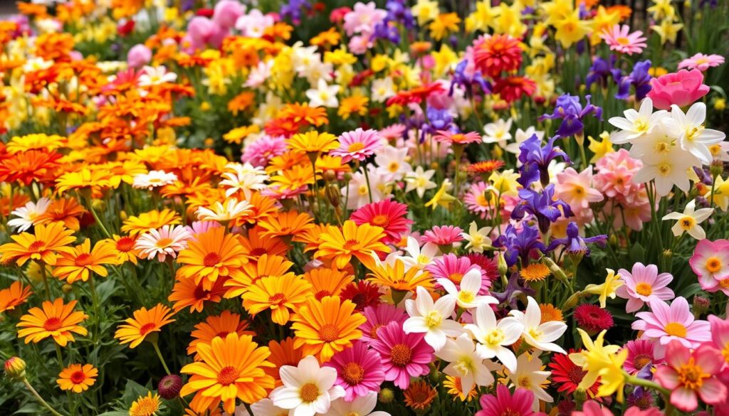 A vibrant floral border overflowing with a diverse array of spring flowers blooming in a lush garden. In the foreground, delicate petals of cosmos, marigolds, and zinnias in a warm palette of oranges, yellows, and reds. Further back, the soft pastel hues of peonies, irises, and daffodils intermingle, creating a visually captivating and harmonious display. Diffused natural light filters through, casting gentle shadows and highlights that accentuate the three-dimensional textures. The overall scene exudes a sense of vitality, celebrating the beauty and abundance of nature in the springtime.