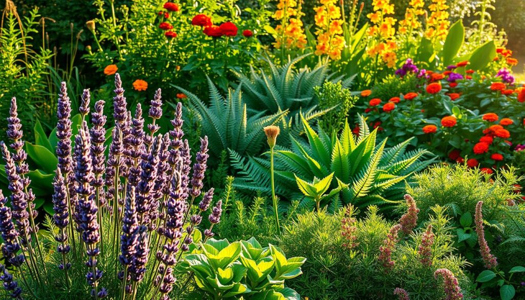 A vibrant garden scene with an array of lush, verdant plants that naturally repel slugs and snails. In the foreground, a cluster of pungent, aromatic herbs like lavender, thyme, and rosemary stand tall, their purple and green hues contrasting beautifully. In the middle ground, a diverse mix of textured foliage plants like ferns, hostas, and euphorbias fill the space, creating an inviting, low-maintenance understory. The background features a variety of flowering plants like marigolds, geraniums, and nasturtiums, their bright blooms adding pops of color and further deterring garden pests. The scene is bathed in warm, golden afternoon light, with soft shadows adding depth and dimension. The overall impression is one of a lush, thriving garden, naturally protected from the unwanted advances of slugs and snails.