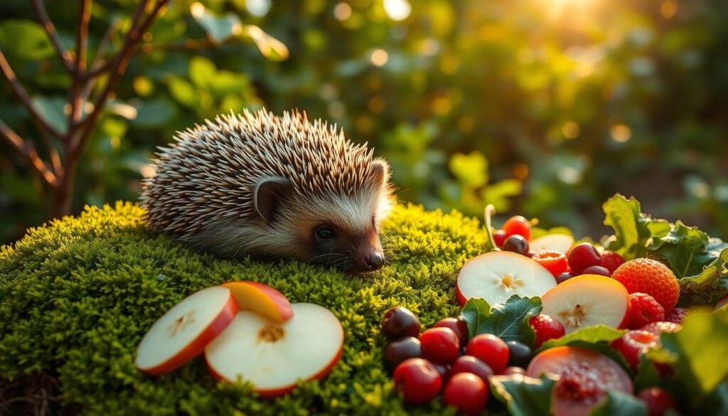 A vibrant hedgehog resting on a bed of lush green moss, surrounded by an array of healthy, colorful foods - sliced apples, berries, and leafy greens. The hedgehog's spines catch the warm, golden light filtering through the canopy of a lush, verdant garden. The scene exudes a sense of balance and harmony, showcasing the nutritious diet essential for the hedgehog's well-being and its vital role in the garden's ecosystem.