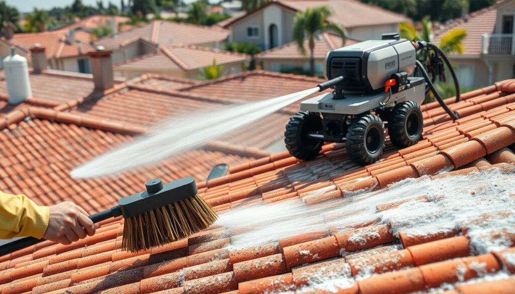 A vibrant scene of residential rooftops being meticulously cleaned, showcasing various techniques for effective roof washing. In the foreground, a worker diligently scrubs the tiles with a specialized brush, removing accumulated dirt and grime. In the middle ground, a high-pressure water hose sprays down a section of the roof, efficiently dislodging stubborn debris. In the background, a mechanical roof cleaning system glides across the surface, its rotating brushes and nozzles thoroughly cleansing the surface. The lighting is a combination of natural sunlight and strategically placed lighting rigs, illuminating the details of the cleaning process and the textured roofing materials. The overall atmosphere conveys a sense of professionalism and attention to detail in the pursuit of a pristine, well-maintained roof.