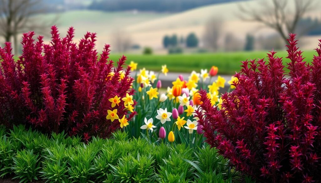 A vibrant springtime scene featuring a lush, verdant border filled with a harmonious mix of berberis shrubs and blooming bulbous plants. The foreground showcases the rich, burgundy foliage of the berberis, punctuated by the cheerful pops of color from daffodils, tulips, and crocus flowers in the middle ground. Delicate petals sway gently in a soft, diffused light, creating an atmosphere of tranquil awakening. The background features a blurred, naturalistic landscape, allowing the eye to focus on the captivating floral arrangement. The overall composition emphasizes the synergistic beauty of these complementary plant species, capturing the essence of a vibrant spring garden.