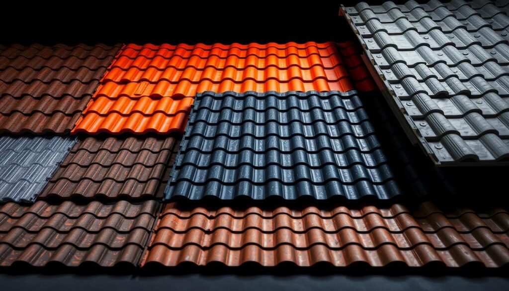 A visually striking display of various roofing materials, showcasing the diverse textures and profiles of different types of roofing sheets. Arranged in a clean, well-lit studio setting, the scene features a carefully curated selection of metal, tile, and composite roofing panels, each capturing the distinct aesthetics and functional attributes that contribute to their unique appeal and suitability for different architectural styles and climates. The lighting emphasizes the intricate details, reflective qualities, and dimensional aspects of the roofing materials, creating a visually engaging and informative display that effectively highlights the key characteristics and considerations for homeowners and builders when selecting the appropriate roofing solution.
