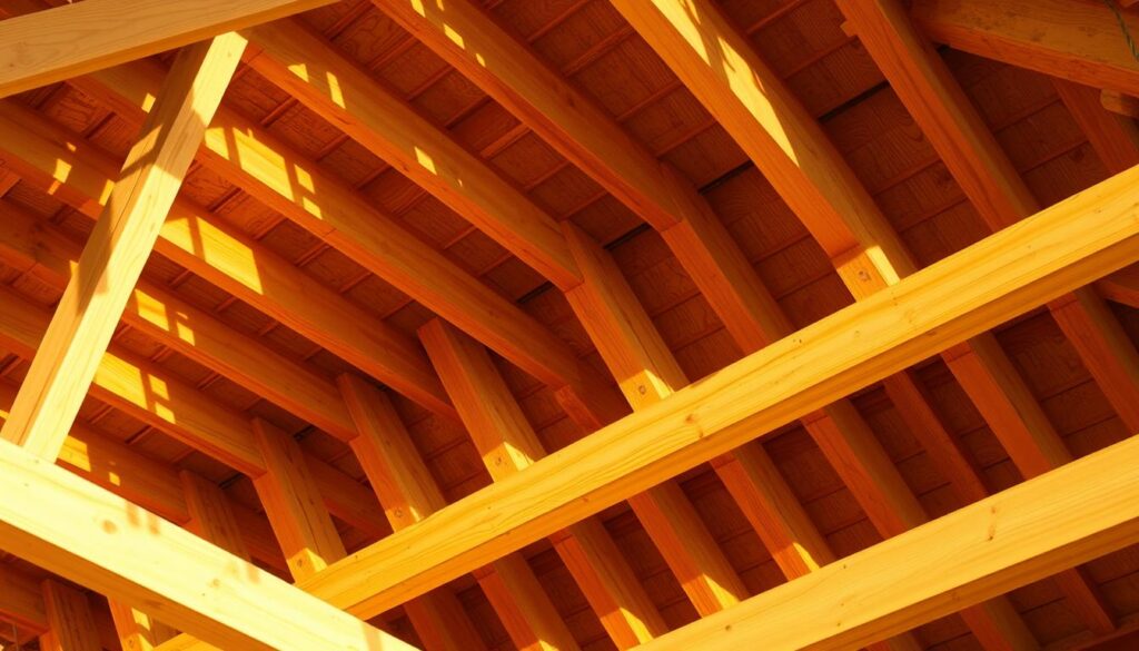 A well-constructed roof frame with crisp, sturdy kontrłaty (counter-battens) running perpendicular to the primary roof trusses. The kontrłaty are made of seasoned, light-colored wood, evenly spaced and securely fastened, creating a solid foundation for the roof tiles or shingles above. The scene is bathed in warm, diffused natural lighting, casting subtle shadows that accentuate the textural details of the wood grain. The angle showcases the kontrłaty's integral role in the roof assembly, providing essential support and ventilation for the roofing system. This meticulously engineered setup embodies the careful attention to detail required for a 200m2 roof installation.