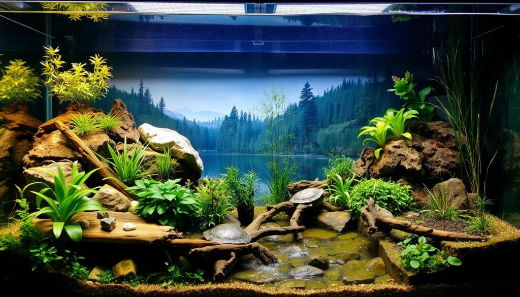 A well-designed aquarium for a semi-aquatic turtle, featuring a lush, naturalistic landscape with a partially submerged rocky terrain and a gently flowing stream. The enclosure is bathed in warm, diffused lighting, creating a serene and inviting atmosphere. In the foreground, a variety of aquatic plants and driftwood provide hiding spots and basking areas for the turtle to explore. The middle ground showcases a mix of semi-aquatic and terrestrial vegetation, blending seamlessly to create a harmonious habitat. In the background, a scenic window or backdrop depicts a tranquil, forested landscape, further enhancing the natural ambiance. The overall composition captures the essence of a thriving, well-balanced environment tailored to the specific needs of a semi-aquatic turtle. A well-designed aquarium for a semi-aquatic turtle, featuring a lush, naturalistic landscape with a partially submerged rocky terrain and a gently flowing stream. The enclosure is bathed in warm, diffused lighting, creating a serene and inviting atmosphere. In the foreground, a variety of aquatic plants and driftwood provide hiding spots and basking areas for the turtle to explore. The middle ground showcases a mix of semi-aquatic and terrestrial vegetation, blending seamlessly to create a harmonious habitat. In the background, a scenic window or backdrop depicts a tranquil, forested landscape, further enhancing the natural ambiance. The overall composition captures the essence of a thriving, well-balanced environment tailored to the specific needs of a semi-aquatic turtle.