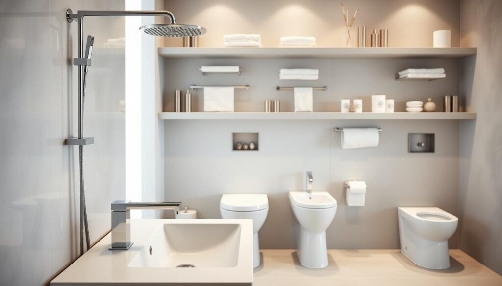 A well-designed bathroom fixture arrangement showcasing various faucets, showerheads, and accessories. The foreground features a clean, minimalist sink vanity with a sleek single-lever faucet, accompanied by a modern, rainfall-style showerhead mounted on the wall. The middle ground depicts a complementary toilet and bidet set, with attention to ergonomic shapes and finishes. In the background, shelves displaying coordinating towel bars, paper holders, and other functional accessories create a cohesive, visually balanced composition. Soft, diffused lighting enhances the luxurious, spa-like atmosphere, while the overall layout prioritizes efficiency and space optimization for a small 4m2 bathroom.