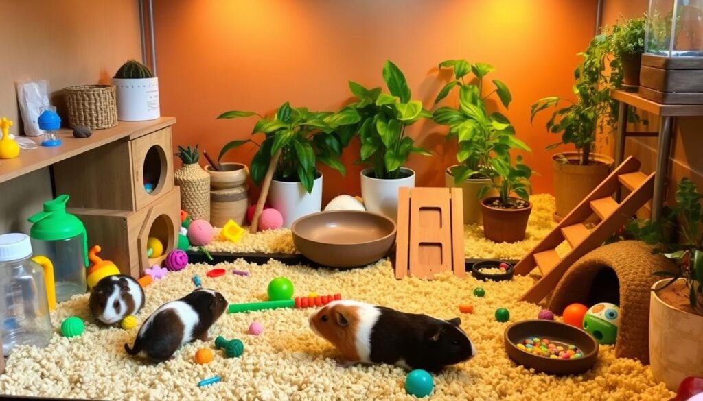 A well-equipped guinea pig habitat in a cozy, natural setting. In the foreground, a large, spacious enclosure with a soft bedding layer, various hideaways, and a vibrant array of toys and chew items. A water bottle and food dish sit nearby. In the middle ground, lush potted plants, a shallow dish for dust bathing, and a wooden ramp leading to an elevated platform. The background features a warm, diffused lighting, creating a soothing, peaceful ambiance. The overall scene conveys a comfortable, enriching environment tailored to the needs and well-being of an inquisitive guinea pig. A well-equipped guinea pig habitat in a cozy, natural setting. In the foreground, a large, spacious enclosure with a soft bedding layer, various hideaways, and a vibrant array of toys and chew items. A water bottle and food dish sit nearby. In the middle ground, lush potted plants, a shallow dish for dust bathing, and a wooden ramp leading to an elevated platform. The background features a warm, diffused lighting, creating a soothing, peaceful ambiance. The overall scene conveys a comfortable, enriching environment tailored to the needs and well-being of an inquisitive guinea pig.