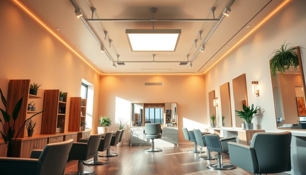 A well-lit and inviting hair salon interior with a modern, stylish design. The focal point is a centrally positioned styling station, bathed in warm, diffused lighting from a sleek, minimalist ceiling fixture. The walls are painted in a soothing, earthy color palette, complemented by natural wood accents and potted plants that add a touch of greenery. Elegant, adjustable salon chairs line the perimeter, offering a comfortable experience for clients. The overall atmosphere is calm, relaxing, and conducive to the pampering of salon guests. A well-lit and inviting hair salon interior with a modern, stylish design. The focal point is a centrally positioned styling station, bathed in warm, diffused lighting from a sleek, minimalist ceiling fixture. The walls are painted in a soothing, earthy color palette, complemented by natural wood accents and potted plants that add a touch of greenery. Elegant, adjustable salon chairs line the perimeter, offering a comfortable experience for clients. The overall atmosphere is calm, relaxing, and conducive to the pampering of salon guests.