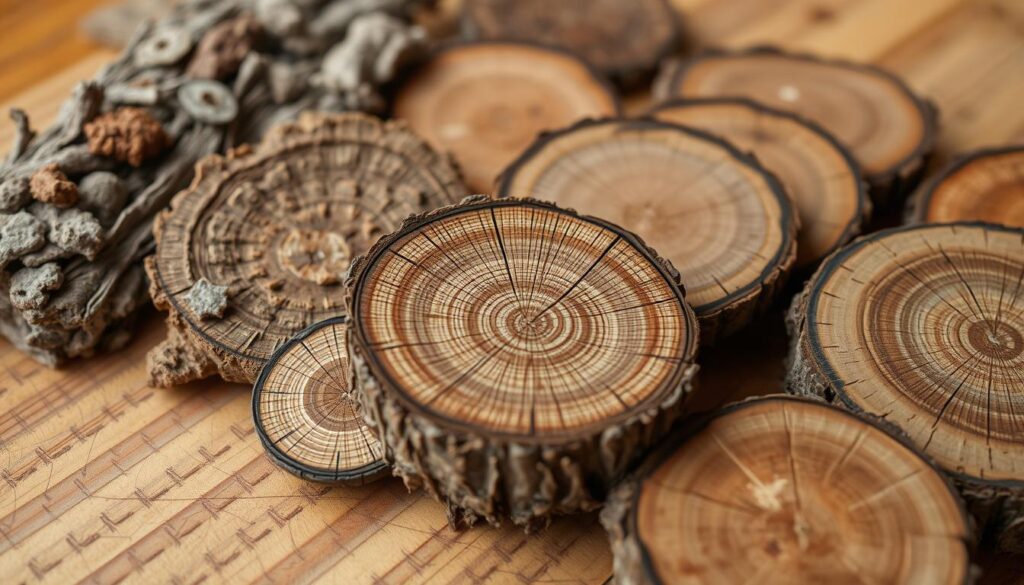 A well-lit, close-up shot of several types of natural bark or tree crust samples, arranged neatly on a wooden surface. The samples should exhibit a variety of textures, colors, and patterns, showcasing the diverse aesthetic qualities of different bark types. The lighting should be soft and even, accentuating the intricate details and subtle nuances of each sample. The composition should be balanced and visually appealing, inviting the viewer to closely examine the unique characteristics of each bark type. A sense of natural, earthy tones and materials should permeate the image, conveying the organic nature of the subject matter.