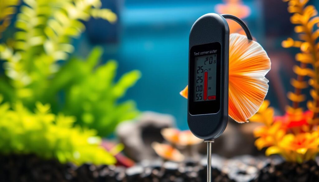 A well-lit, close-up view of the temperature display on a high-quality digital aquarium thermometer, prominently placed in the foreground. The thermometer's display shows a precise temperature reading, conveying the importance of maintaining the ideal water temperature for a thriving betta fish habitat. The background is slightly blurred, revealing the lush, verdant foliage and decorations of a meticulously designed aquarium, creating a sense of the broader environment. The overall image exudes a sense of scientific precision and attention to detail, crucial for ensuring the optimal conditions for a healthy betta fish community.