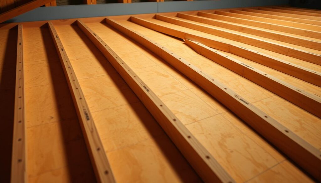 A well-lit construction site, the focus on a set of evenly spaced wooden roof battens being carefully leveled and aligned. The battens cast soft shadows on the plywood surface below, indicating a warm, diffuse lighting from above. The scene conveys a sense of precision and attention to detail, reflecting the careful planning and expertise required for proper roof installation. The camera angle is slightly elevated, allowing the viewer to observe the process from an instructive perspective. The overall mood is one of focused, professional craftsmanship.