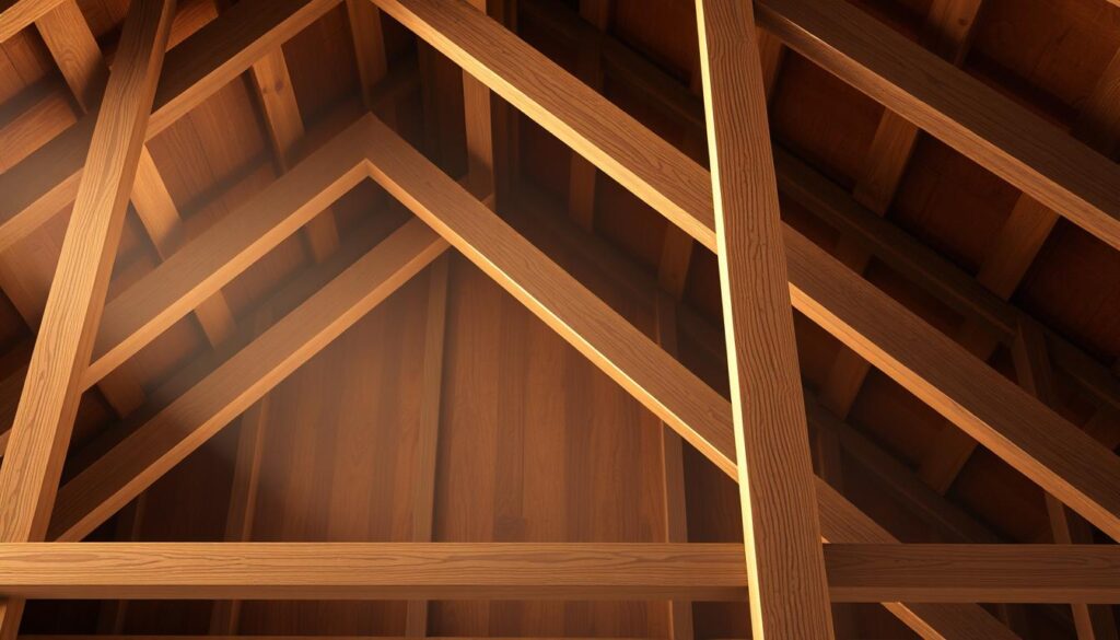 A well-lit, detailed architectural illustration of a roof's slope angle, or "kąt nachylenia połaci". The image showcases a close-up view of a wooden roof frame, with the angle of the roof rafters and the pitch of the roofline clearly visible. The lighting is soft and diffused, creating depth and highlighting the textural details of the wood. The perspective is slightly elevated, providing a clear, unobstructed view of the roof structure. The overall mood is one of technical precision and craftsmanship, suitable for illustrating a section on the necessity of proper roof framing and slope. A well-lit, detailed architectural illustration of a roof's slope angle, or "kąt nachylenia połaci". The image showcases a close-up view of a wooden roof frame, with the angle of the roof rafters and the pitch of the roofline clearly visible. The lighting is soft and diffused, creating depth and highlighting the textural details of the wood. The perspective is slightly elevated, providing a clear, unobstructed view of the roof structure. The overall mood is one of technical precision and craftsmanship, suitable for illustrating a section on the necessity of proper roof framing and slope.