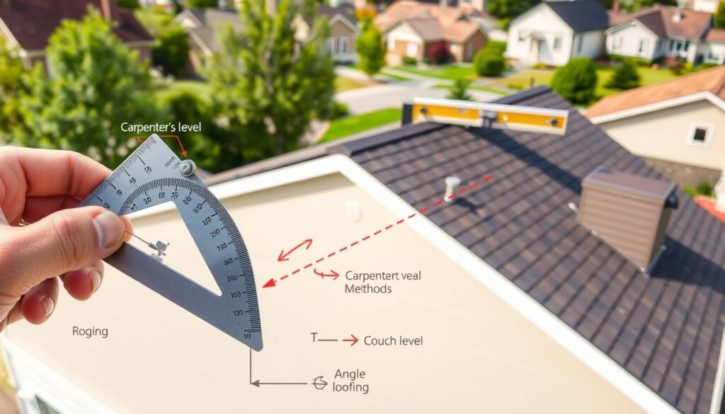 A well-lit, detailed diagram showcasing the process of measuring roof pitch. In the foreground, a protractor or angle finder is held against the surface of a slanted roof, with lines and annotations illustrating the angle measurement. In the middle ground, a carpenter's level or other measurement tool is placed on the roof, demonstrating an alternative method. The background depicts a residential building with a variety of roof styles, allowing the viewer to envision the application of these techniques. The scene conveys a sense of precision and technical understanding, suitable for an article on calculating roof pitch.