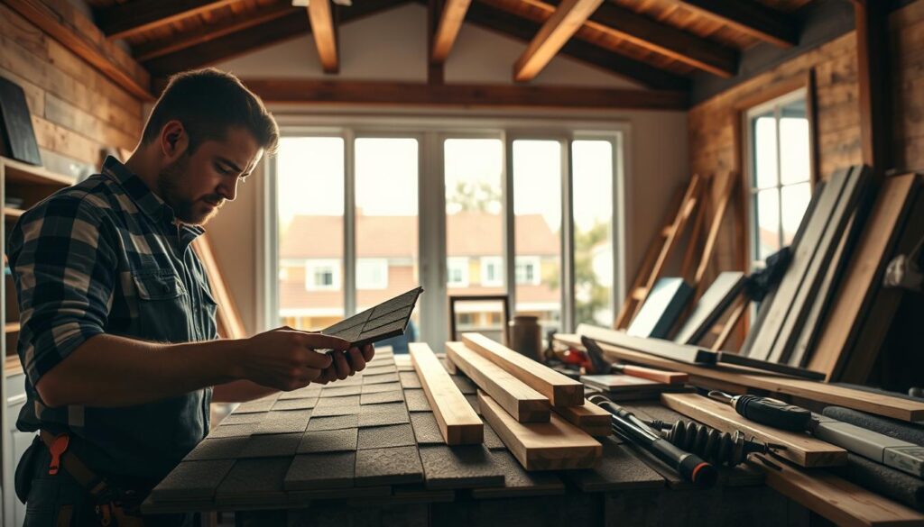 A well-lit, detailed interior scene showcasing the key factors influencing roof replacement costs. In the foreground, a professional roofer examines shingles, evaluating their condition. In the middle ground, construction materials like tiles, lumber, and tools are arranged, highlighting the importance of material selection. The background depicts an exterior view of a residential home, with the roof visible, emphasizing the scale and complexity of the project. The lighting is warm and natural, creating a professional, informative atmosphere. The angle is slightly elevated, providing an insightful overview of the various cost-impacting elements.