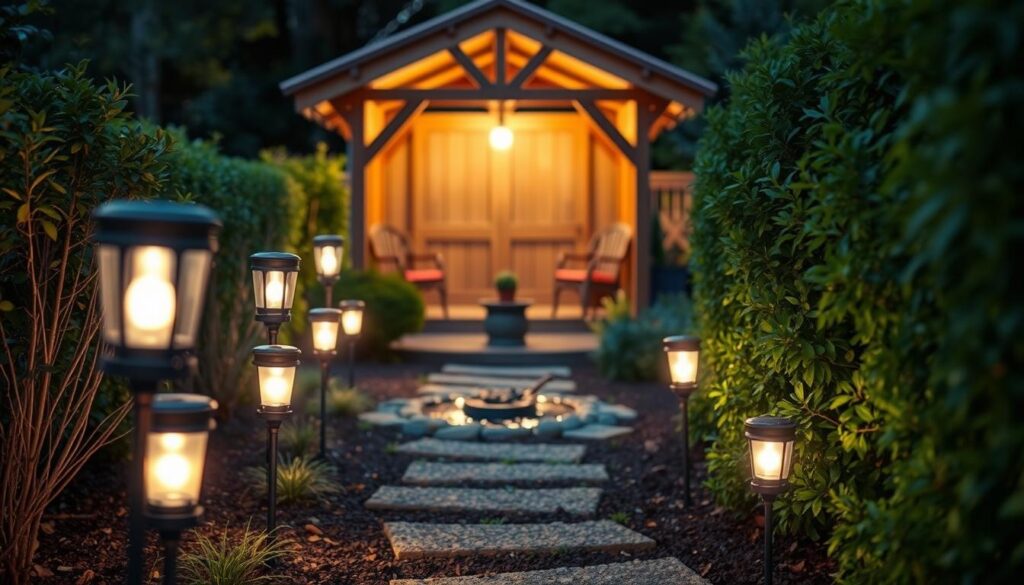 A well-lit garden path leading to a cozy, rustic-style gazebo, its solar-powered lanterns casting a warm, ambient glow. In the foreground, an array of solar-powered garden lights line the path, their soft illumination guiding the way. The middle ground features a small, decorative water feature, its surface reflecting the gentle light. In the background, lush, verdant foliage frames the scene, creating a serene and inviting atmosphere. The overall mood is one of tranquility and budget-friendly charm, perfectly suited for a small, well-appointed allotment garden.