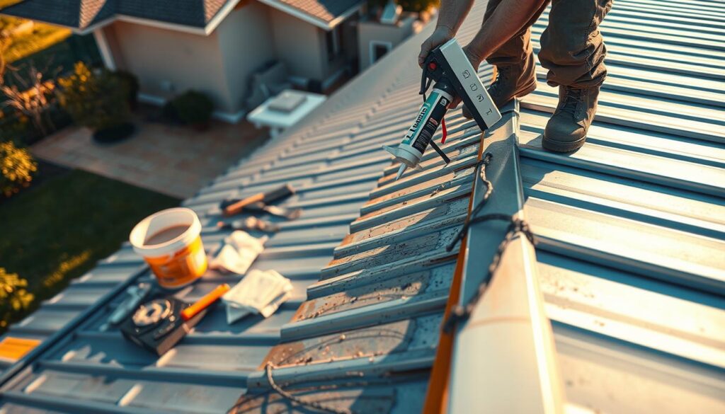 A well-lit, high-angle view of a metal roof, showcasing the process of sealing it. In the foreground, a worker is applying a thick, viscous sealant along the seams and overlapping panels, using a specialized caulking gun. The sealant glistens under the warm, directional lighting, emphasizing the textures and contours of the roof. In the middle ground, various tools and materials are neatly organized, including a bucket of sealant, rags, and a trowel. The background depicts a partially obscured residential or commercial building, providing context for the roofing task. The overall scene conveys a sense of precision, attention to detail, and the importance of properly sealing a metal roof to ensure its long-term performance and weatherproofing.