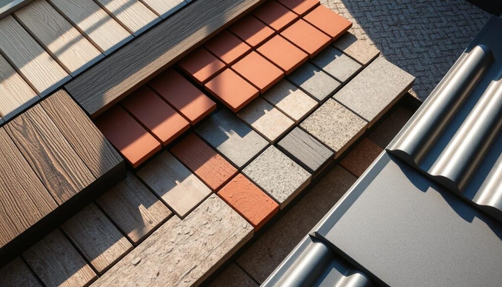 A well-lit, high-angle view of various roofing materials for a terrace, including wooden planks, terracotta tiles, stone pavers, and metal sheets. The materials are arranged in an orderly, visually appealing display, showcasing their distinct textures, colors, and patterns. The lighting casts soft, natural shadows, highlighting the depth and dimension of the materials. The background is slightly blurred, maintaining the focus on the detailed roofing options. The overall mood is one of informative calmness, suitable for an article on terrace roofing ideas. A well-lit, high-angle view of various roofing materials for a terrace, including wooden planks, terracotta tiles, stone pavers, and metal sheets. The materials are arranged in an orderly, visually appealing display, showcasing their distinct textures, colors, and patterns. The lighting casts soft, natural shadows, highlighting the depth and dimension of the materials. The background is slightly blurred, maintaining the focus on the detailed roofing options. The overall mood is one of informative calmness, suitable for an article on terrace roofing ideas.