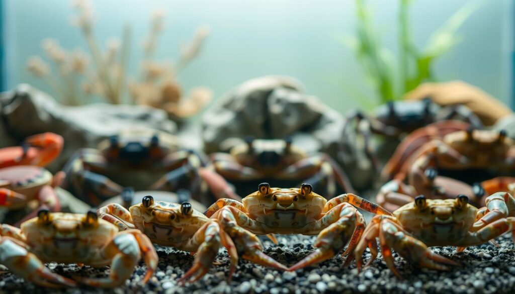 A well-lit, high-resolution close-up of a diverse selection of crab species, arranged in a natural, biological display. The crabs should be positioned in the foreground, showcasing their distinct physical characteristics, such as carapace shape, claw size, and leg structure. The middle ground should feature a slightly blurred, yet recognizable aquarium setting, with decorative rocks, plants, and a subtle underwater atmosphere. The background should be softly blurred, creating a sense of depth and focus on the crab specimens. The overall composition should convey a sense of scientific study and educational purpose, highlighting the unique features and diversity of crab species for a discerning audience of aquarium enthusiasts.