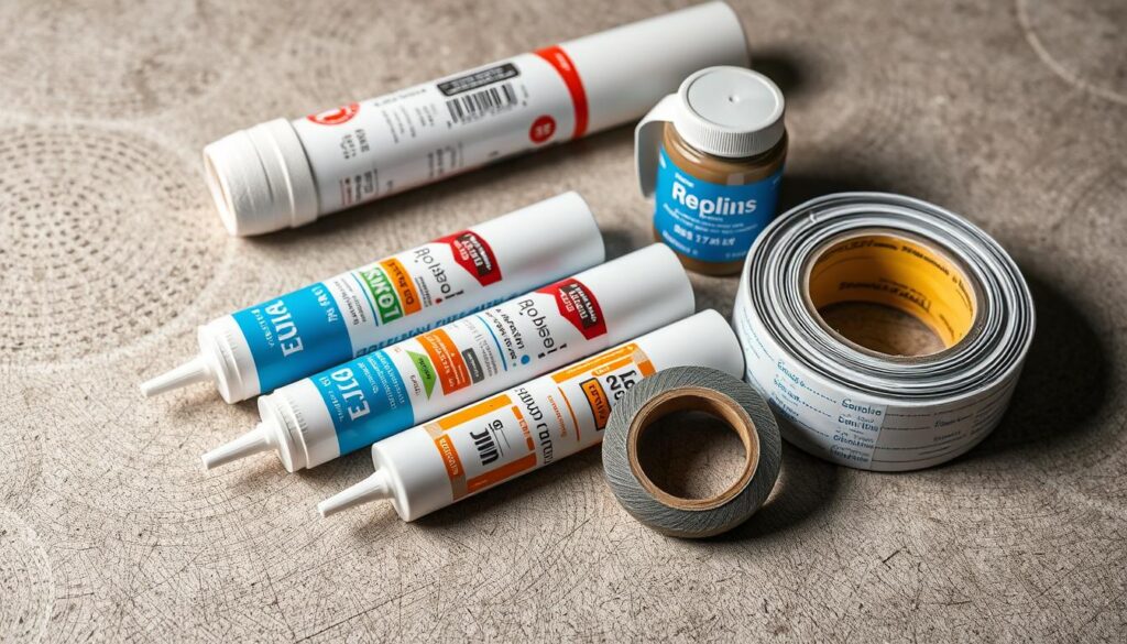 A well-lit, high-resolution close-up photograph of a selection of professional-grade roofing materials for sealing and waterproofing a roof from the inside, including sealant tubes, foam tape, butyl tape, and other specialized products. The items are arranged neatly on a neutral, textured surface, such as wood or concrete, with soft shadows and highlights to emphasize their materiality and quality. The lighting is soft and even, creating a sense of clarity and focus on the subject matter. The overall mood is one of technical precision and reliable, high-performance solutions for effective roof sealing.