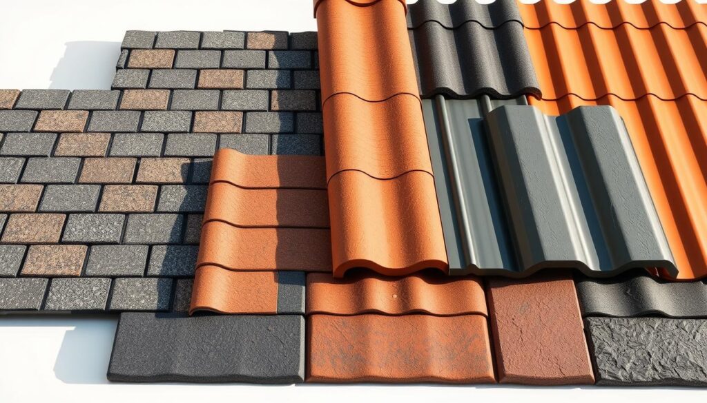A well-lit, high-resolution image showcasing an assortment of common roofing materials, including asphalt shingles, clay tiles, metal panels, and slate. The materials are arranged in a harmonious composition, allowing the viewer to clearly see their distinct textures, colors, and profiles. The image has a warm, natural lighting that casts subtle shadows, highlighting the dimensional qualities of the materials. The background is a clean, neutral setting, keeping the focus solely on the roofing products and their visual characteristics. The overall mood is one of informative clarity, enabling the viewer to easily assess the range and attributes of the roofing materials depicted. A well-lit, high-resolution image showcasing an assortment of common roofing materials, including asphalt shingles, clay tiles, metal panels, and slate. The materials are arranged in a harmonious composition, allowing the viewer to clearly see their distinct textures, colors, and profiles. The image has a warm, natural lighting that casts subtle shadows, highlighting the dimensional qualities of the materials. The background is a clean, neutral setting, keeping the focus solely on the roofing products and their visual characteristics. The overall mood is one of informative clarity, enabling the viewer to easily assess the range and attributes of the roofing materials depicted.