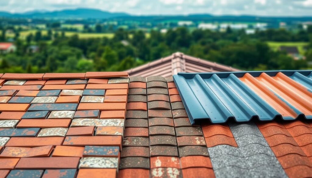 A well-lit, high-resolution image showcasing various popular roofing materials arranged in a visually appealing composition. The foreground features an assortment of tiles, shingles, and metal sheets, each with distinctive textures and colors, laid out to highlight their unique characteristics. The middle ground includes a pitched roof structure, allowing the viewer to visualize the materials in their natural setting. The background depicts a serene, naturalistic landscape, creating a harmonious and inviting atmosphere. The image should convey a sense of quality, durability, and aesthetic appeal, catering to the needs of the article's subject matter and section title.