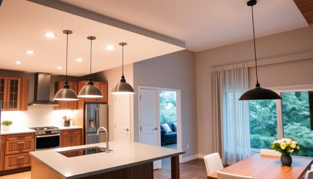 A well-lit modern kitchen with a combination of recessed ceiling lights, pendant lamps, and under-cabinet lighting. The lighting should create a warm, cozy atmosphere and highlight the open floor plan that connects the kitchen to the living room. The lighting should be focused on key areas like the countertops, cooking zone, and dining table, creating a balanced and functional illumination scheme. The style should be minimalist and streamlined, with sleek light fixtures that complement the kitchen's materials and finishes, such as wood, stone, and stainless steel. The overall effect should be both practical and aesthetically pleasing, enhancing the open and inviting feel of the combined kitchen and living space.