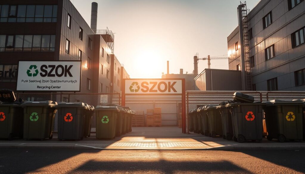 A well-lit outdoor scene of a municipal recycling center, or "PSZOK" (Punkt Selektywnej Zbiórki Odpadów Komunalnych), situated against a backdrop of modern industrial buildings. The facility's entrance is framed by large signage and surrounded by neatly organized waste containers. Colorful recycling symbols adorn the containers, conveying the center's purpose. Sunlight casts long shadows, adding depth and a sense of scale to the scene. The overall atmosphere is one of efficiency and environmental responsibility, perfectly capturing the essence of the "PSZOK and scrap collection points" section of the article.