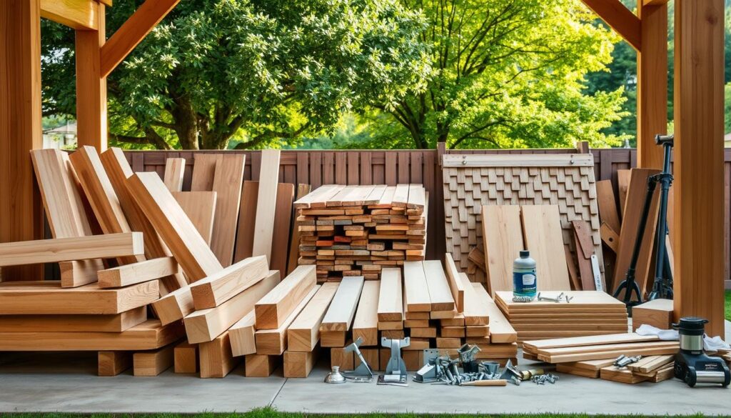 A well-lit outdoor scene showcasing an assortment of high-quality woodworking materials for constructing a backyard gazebo. In the foreground, various cut and sanded timber beams, posts, and boards in different wood tones are neatly arranged. In the middle ground, a stack of pressure-treated lumber, bundles of cedar shingles, and a collection of metal hardware like hinges, brackets, and screws. The background features a lush, verdant garden setting with mature trees, creating a natural, rustic ambiance. The lighting is warm and soft, highlighting the natural textures and grains of the construction materials. The overall composition conveys a sense of thoughtful preparation and quality craftsmanship for a backyard gazebo project.