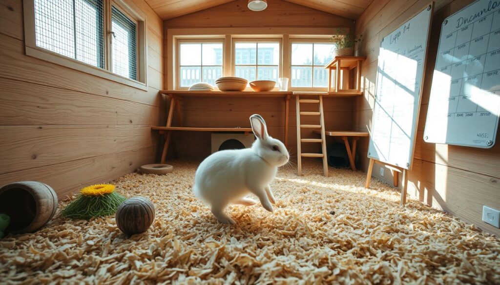 A well-lit, spacious rabbit enclosure with a clean, soft bedding of timothy hay and aspen shavings. The rabbit hops contentedly, exploring a selection of chew toys and a sturdy, multi-level habitat that provides ample space for exercise and natural behaviors. Filtered sunlight streams in through large windows, casting a warm, soothing glow. The enclosure is meticulously maintained, with a detailed cleaning schedule visible on a nearby whiteboard. This tranquil scene captures the essence of responsible rabbit care, promoting the rabbit's health and well-being.