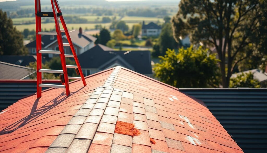 A well-maintained, freshly painted roof dominates the frame, its vibrant hues casting a warm glow over the scene. In the foreground, a ladder leans against the side of the house, highlighting the attention to detail required for this project. The middle ground reveals the texture of the shingles, each one carefully brushed with a coat of protective paint. In the background, a serene suburban landscape unfolds, suggesting the importance of a well-kept roof in enhancing the overall aesthetic of a property. The lighting is soft and natural, creating a sense of tranquility and professionalism. The angle is slightly elevated, providing a comprehensive view of the roof's surface and the surrounding environment.
