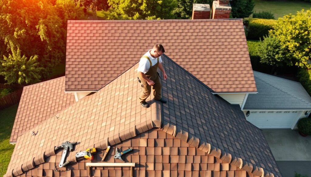 A well-maintained, sturdy roof stands proud atop a cozy suburban house, its shingles gleaming in the warm afternoon sunlight. The homeowner, clad in work overalls, carefully inspects the roof, noting any areas that require attention without disrupting the existing structure. In the foreground, tools and materials lay neatly organized, ready for the skilled, efficient repairs. The middle ground showcases the roof's intricate design, with seamless integration of ventilation systems and insulation. Surrounding the house, a well-manicured lawn and lush greenery create a harmonious, inviting atmosphere, emphasizing the importance of preserving the home's integrity while making necessary improvements.