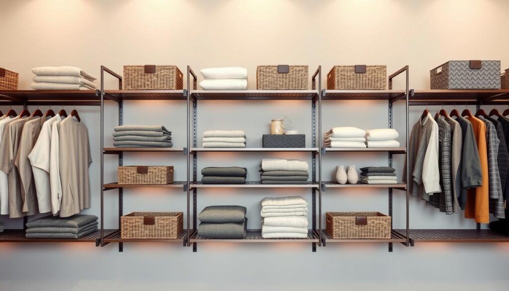A well-organized and stylish wardrobe display, featuring sleek metal shelves against a soft gray backdrop. The shelves are adorned with neatly folded garments, complemented by decorative storage baskets and minimalist accessories. Warm, directional lighting casts a cozy glow, accentuating the textures and colors of the fabrics. The overall composition conveys a sense of order, functionality, and aesthetic harmony, serving as an inspirational example of wardrobe design and decor.