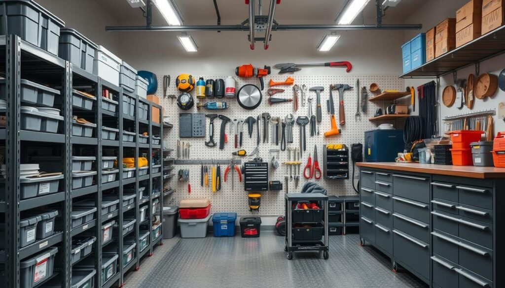 A well-organized garage filled with practical storage solutions and smart organizational tools. In the foreground, rows of sleek metal shelving units neatly display a variety of labeled bins and containers. In the middle ground, a pegboard system with an assortment of hooks and hangers holds an array of tools and equipment. The background showcases a workbench with drawers and cabinets, providing ample workspace and storage. Soft, even lighting illuminates the scene, creating a sense of tidiness and efficiency. The overall atmosphere conveys a harmonious blend of functionality and intentional design, showcasing a highly organized and optimized garage space.