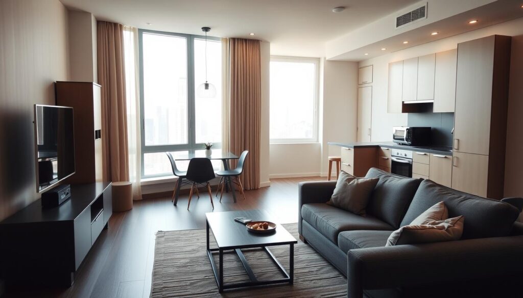 A well-organized modern studio apartment with a clear division of living zones. In the foreground, a cozy seating area with a stylish sofa and armchair, bathed in warm, diffused lighting. In the middle ground, a minimalist dining table and chairs, situated near a bright window overlooking a city skyline. The background features a compact, efficient kitchen, with sleek, minimalist cabinetry and appliances. The overall atmosphere is one of sophisticated simplicity, with a focus on efficient use of space and harmonious integration of the different functional areas. A well-organized modern studio apartment with a clear division of living zones. In the foreground, a cozy seating area with a stylish sofa and armchair, bathed in warm, diffused lighting. In the middle ground, a minimalist dining table and chairs, situated near a bright window overlooking a city skyline. The background features a compact, efficient kitchen, with sleek, minimalist cabinetry and appliances. The overall atmosphere is one of sophisticated simplicity, with a focus on efficient use of space and harmonious integration of the different functional areas.