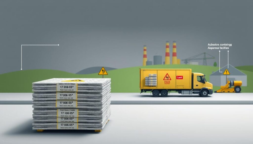 A well-organized, technical diagram showcasing the waste disposal codes for asbestos-containing materials (eternit). The foreground features a prominent stack of asbestos cement sheets, with clear labeling of the relevant waste codes (e.g. 17 06 05*). The middle ground depicts a vehicle transporting the hazardous waste, accompanied by relevant signage and safety equipment. The background showcases a simplified landscape with industrial facilities, hinting at the proper disposal facilities. The lighting is crisp and evenly distributed, capturing the technical nature of the subject matter. The overall mood is informative and objective, suitable for illustrating the section on the logistics of eternit disposal.