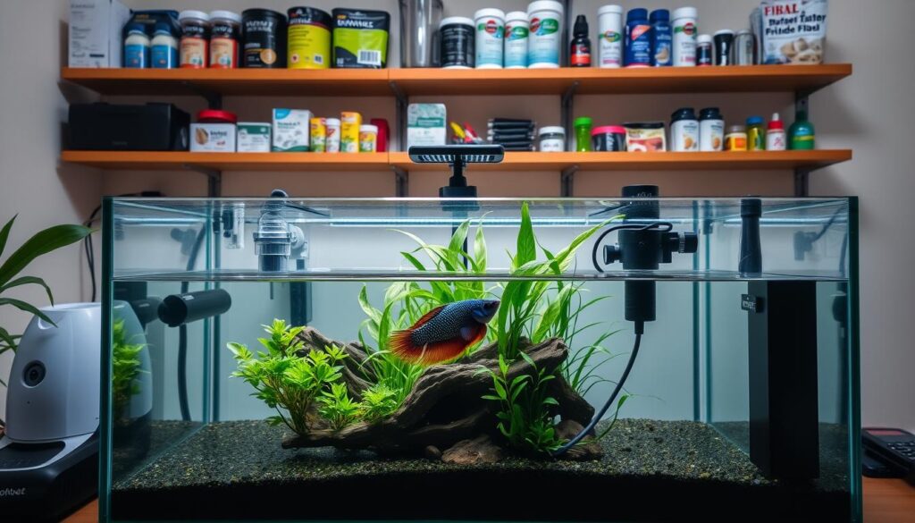 A well-stocked aquarium for a betta fish, showcasing a variety of essential accessories. In the foreground, a sleek glass tank with a modern, minimalist design, filled with lush aquatic plants and a sturdy decorative piece, casting gentle reflections on the water's surface. In the middle ground, an array of aquarium equipment, including a submersible filter, a reliable heater, and a delicate air pump, all seamlessly integrated into the overall design. The background features shelves displaying a selection of aquarium supplies, such as water test kits, fish food, and maintenance tools, all neatly organized and readily accessible. The overall lighting is soft and warm, creating a calming and inviting atmosphere, perfect for showcasing the beauty and tranquility of a well-designed betta fish habitat.