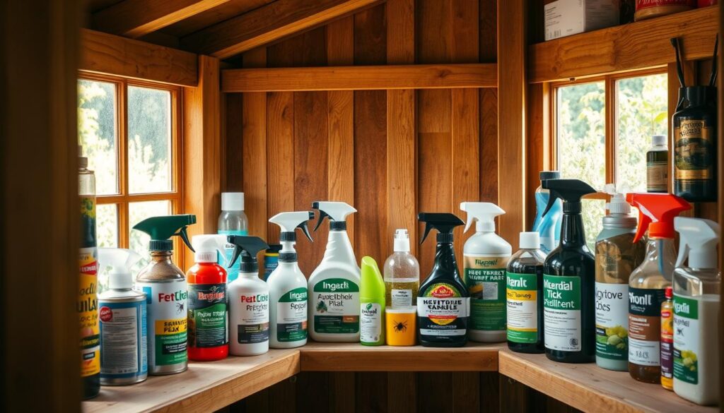 A well-stocked garden shed with various insect repellent products, including aerosol cans, spray bottles, and natural plant-based solutions. The items are neatly arranged on wooden shelves, creating a sense of order and organization. Warm, natural lighting filters through the shed's windows, casting a soft glow on the products. In the background, lush greenery from the surrounding garden is visible, hinting at the outdoor setting where these remedies would be applied. The overall composition conveys a practical, problem-solving approach to addressing the issue of ticks in the garden.