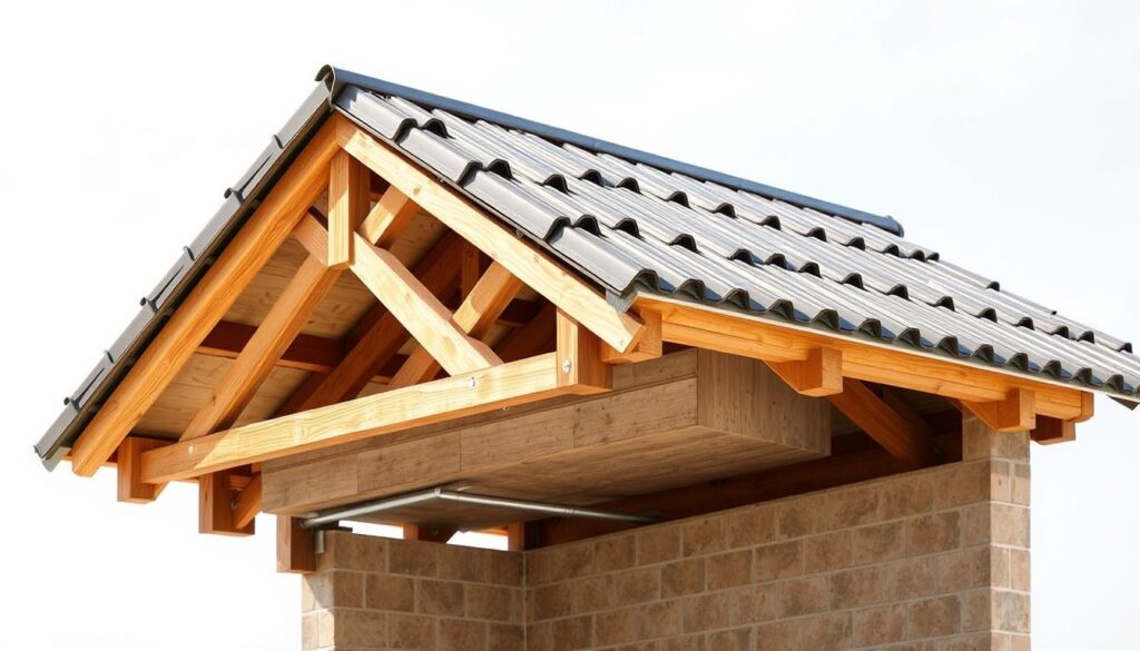 An architectural cross-section view of a roof structure, showcasing the various layers and components that make up a "podkonstrukcja" (roof substructure) for a metal tile (blachodachówka) roof system. The image should depict the wooden trusses or beams, the insulation layer, the ventilation space, and the metal tiles resting on top. The scene should be lit with natural daylight, emphasizing the textures and materials used. The overall mood should convey a sense of technical precision and attention to detail, reflecting the importance of proper roof construction. An architectural cross-section view of a roof structure, showcasing the various layers and components that make up a "podkonstrukcja" (roof substructure) for a metal tile (blachodachówka) roof system. The image should depict the wooden trusses or beams, the insulation layer, the ventilation space, and the metal tiles resting on top. The scene should be lit with natural daylight, emphasizing the textures and materials used. The overall mood should convey a sense of technical precision and attention to detail, reflecting the importance of proper roof construction.