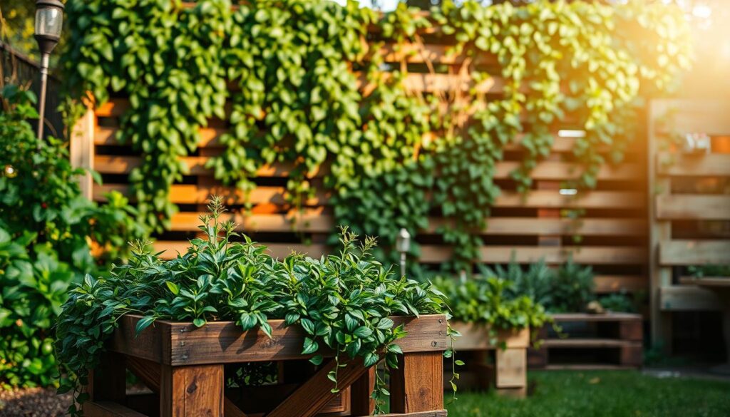 An artfully arranged garden display of DIY pallet creations, capturing the essence of nature-inspired outdoor living. In the foreground, a geometric pallet planter overflows with lush, vibrant greenery. The middle ground features a rustic pallet wall covered in cascading vines, creating a verdant backdrop. Soft, diffused lighting filters through the scene, casting a warm, inviting glow. The overall composition evokes a sense of tranquility and harmonious integration of recycled materials within the natural landscape. The image conveys a visually striking and functional pallet-based garden design.