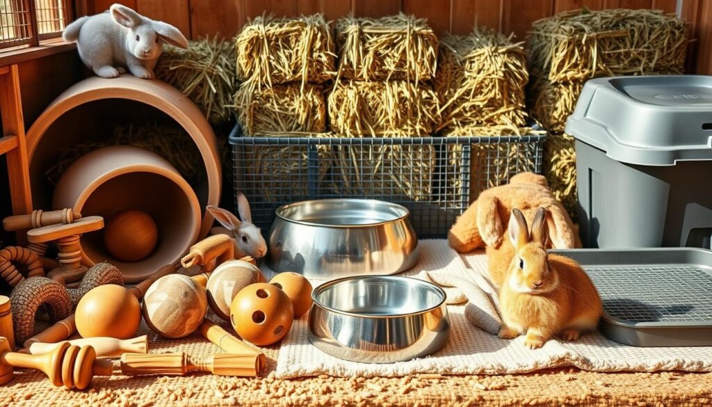 An assortment of essential accessories for a rabbit's enclosure, captured in a meticulously arranged still life. In the foreground, a selection of wooden chew toys, a ceramic food and water dish, and a cozy hay-filled hide-away. In the middle ground, a sleek metal feeding bowl and a soft, textured mat for the rabbit to rest upon. In the background, an array of timothy hay bales, a wire mesh litter tray, and a sturdy plastic litter box. The scene is bathed in warm, natural lighting, highlighting the rustic and practical nature of these necessary rabbit care items. The overall composition conveys a sense of organization, function, and a rabbit's need for a comfortable, enriching habitat.