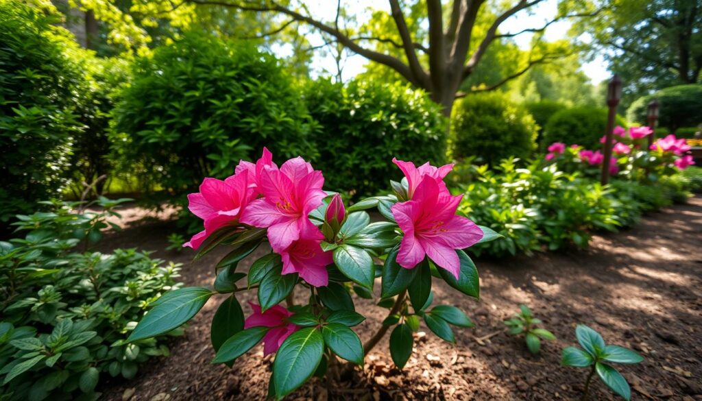 An idyllic garden setting featuring an azalea plant in the foreground, its lush foliage and vibrant pink blooms contrasting against a backdrop of verdant shrubs and trees. The azalea is positioned in a well-drained, partially shaded spot, with dappled sunlight filtering through the canopy above. The soil is rich and acidic, perfectly suited to the plant's preferences. The scene conveys a sense of tranquility and harmony, with the azalea taking center stage as the focal point. A wide-angle lens captures the entire composition, showcasing the azalea's integration within the broader garden landscape.