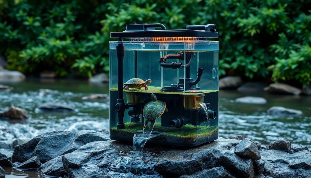 An intricate aquarium filter designed specifically for semi-aquatic turtles, situated on a rocky riverbank against a lush, verdant backdrop. Gentle streams of water cascade down the multi-tiered system, creating a soothing ambiance. The filter's sturdy construction blends seamlessly with the natural aesthetic, providing both efficient water circulation and a visually appealing centerpiece. Subtle lighting accentuates the filter's contours, casting warm shadows and highlighting the various mechanical components that ensure the turtles' aquatic environment remains clean and well-maintained. The overall scene conveys a sense of tranquility and harmony, perfectly complementing the needs of these unique reptilian companions. An intricate aquarium filter designed specifically for semi-aquatic turtles, situated on a rocky riverbank against a lush, verdant backdrop. Gentle streams of water cascade down the multi-tiered system, creating a soothing ambiance. The filter's sturdy construction blends seamlessly with the natural aesthetic, providing both efficient water circulation and a visually appealing centerpiece. Subtle lighting accentuates the filter's contours, casting warm shadows and highlighting the various mechanical components that ensure the turtles' aquatic environment remains clean and well-maintained. The overall scene conveys a sense of tranquility and harmony, perfectly complementing the needs of these unique reptilian companions.