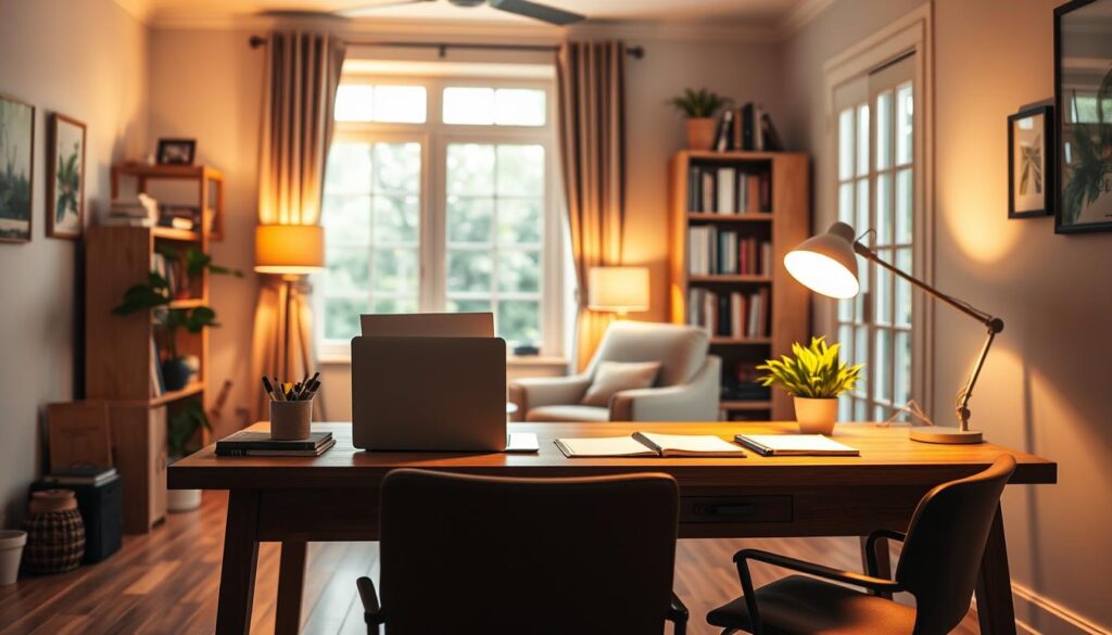 An office space in a cozy home setting, with warm, soft lighting illuminating the room. A wooden desk in the foreground, topped with a laptop, stationery, and a potted plant. The middle ground features a comfortable armchair and a bookshelf filled with literature. The background showcases a large window, allowing natural light to filter in and creating a serene, productive atmosphere. The lighting is a harmonious blend of task-focused illumination and ambient, mood-setting lamps, creating a welcoming, functional workspace. The overall scene conveys a sense of balance between work and relaxation, with attention to detail and a focus on creating a productive, yet inviting home office environment.